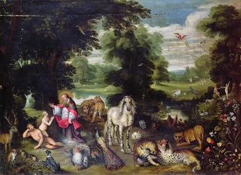 Adam en Eva met God in de Hof van Eden en het verhaal van de zondeval